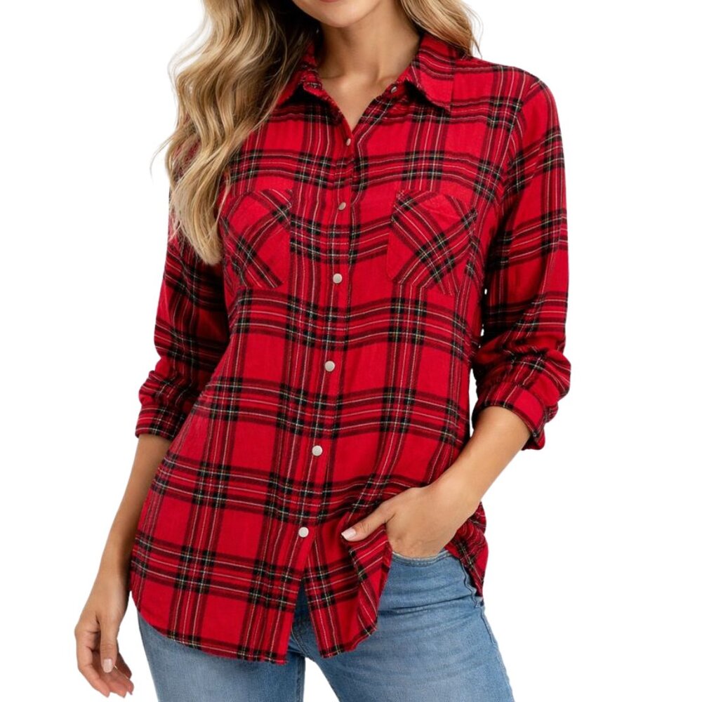 Red Tartan Plaid Button-Up Long Sleeve Cotton Shirt Womens Cabincore Tunic Top